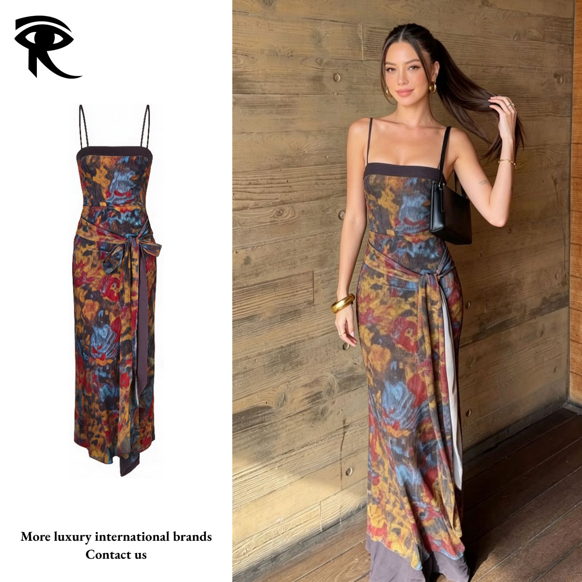 Women's New It Girl Vintage Print Color Block Spaghetti Strap Slash Neck Socialite Style Party Dress Original Fashion Designer Dress Factory Di