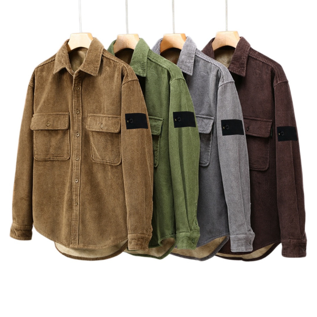 designer stones Jackets islands Men's Casual Shirts Long Sleeve Corduroy Shirt Multi-Pocket Autumn Winter Outerwear Fleece-Lined Thickened Warm
