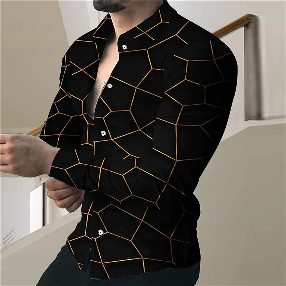 Mens High Quality y Prom Fashion Social 3D Line Graph Print Polo Button ner Long Sleeve Shirt 2024 260612BANJIA