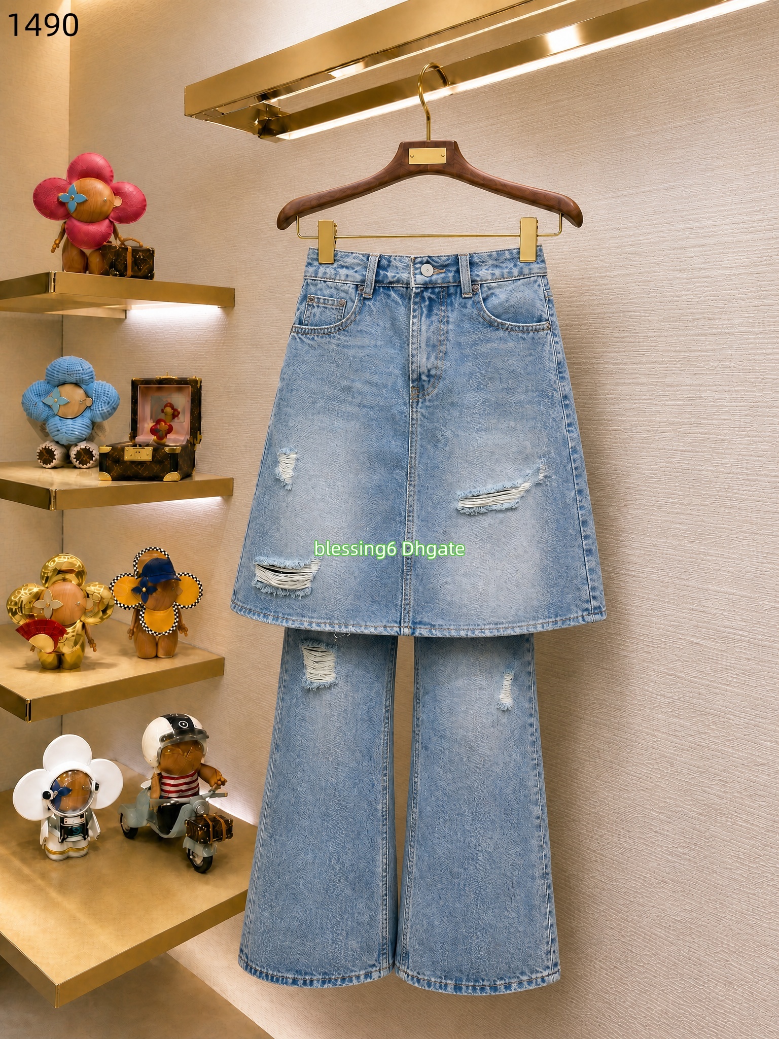 Women's worn-out denim skirt pants fake two-piece set retro washed corrugated high waisted flared jeans with skirt overlay designer high luxury