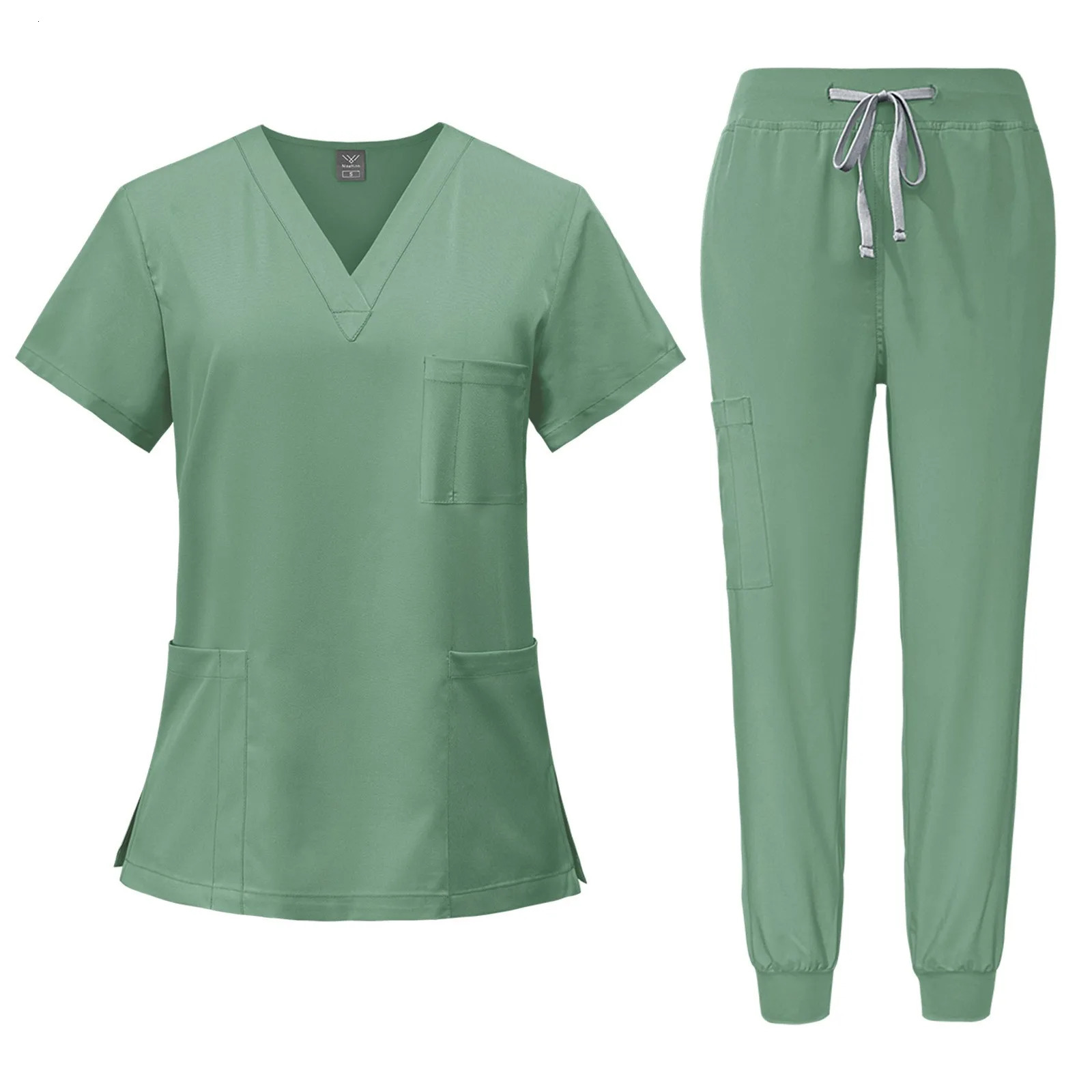 Womens nurse uniform quickdrying fabric solid color vneck shortsleeved trousers suit multipocket 260609BANJIA