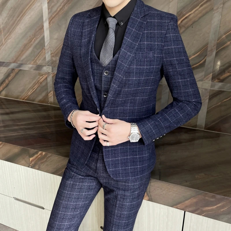 Mens HighQuality Cotton Texture Wedding Suit Set Plaid Pattern Business Casual ThreePiece Vest Trousers Ensemble 260612BANJIA