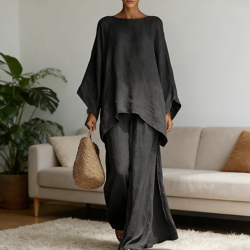 Spring Fashion Linen Loose Longsleeved Wideleg Trousers 2piece Set Women Casual Retro Elegant Female Simple Suit 260609BANJIABANJIA