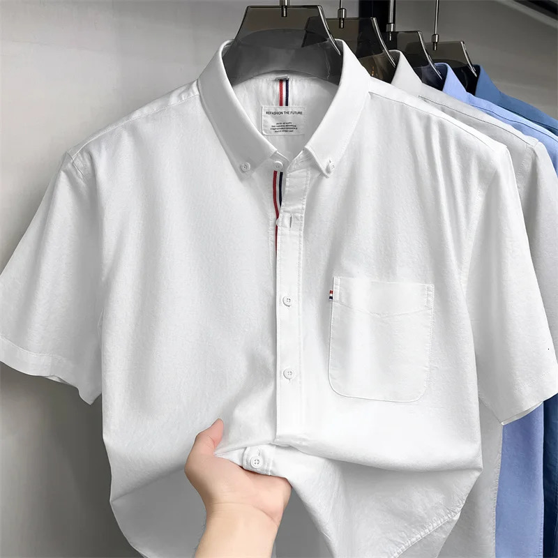 High end 100 cotton short sleeve shirt summer ner classic solid color lapel top fashion business casual mens wear 260612BANJIA