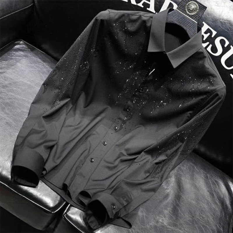 Spring Autumn Fashion Solid Diamonds Mens Clothing Shirts American Style POLO Collar Long Sleeve Buttons Loose Chaopai Blouse 260612BANJIA