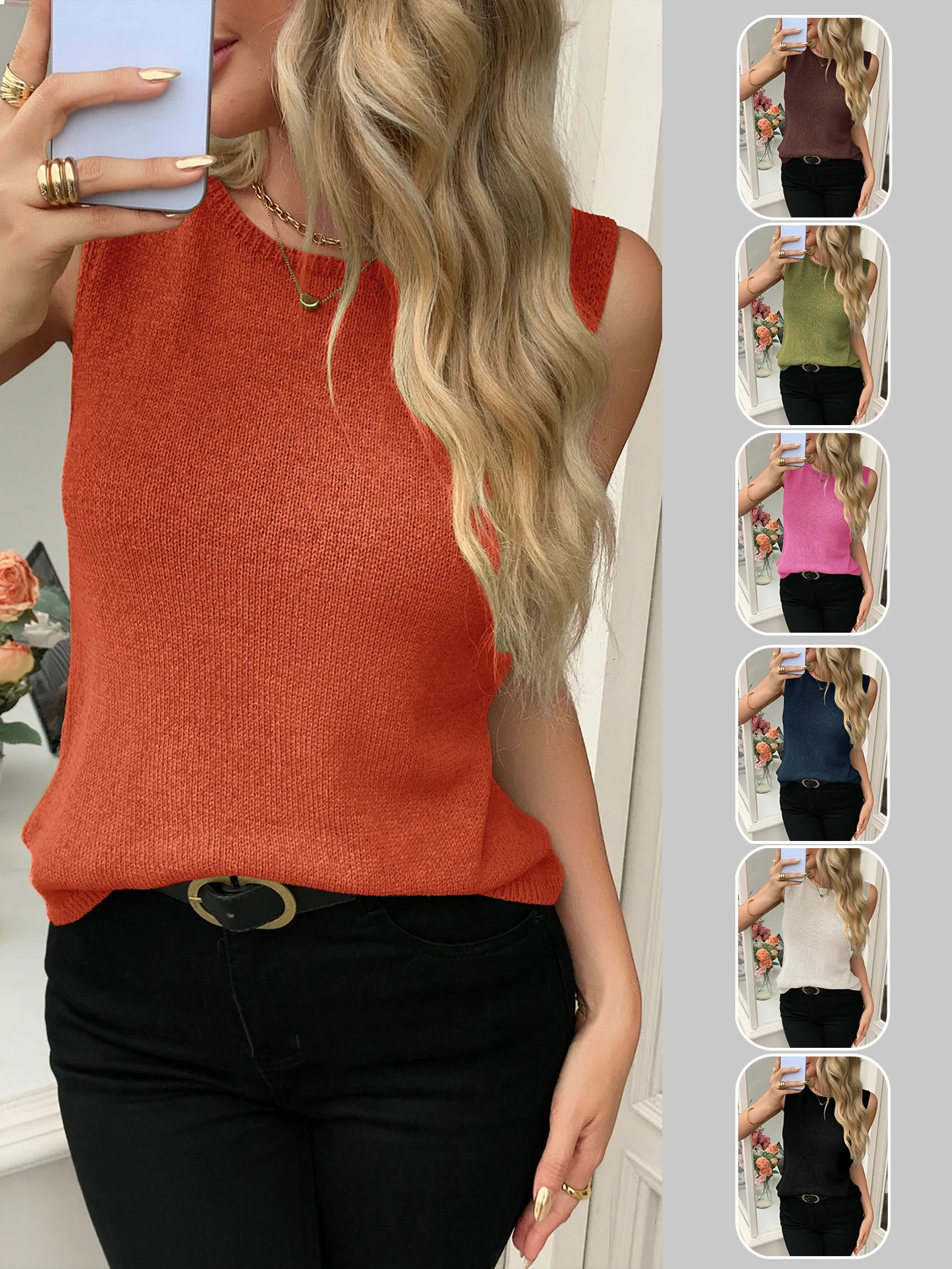 Commuting 2026 Womens Summer Loose Round Neck Sleeveless Breathable Knitted Vest Casual Inner Sweater Top for Ladies 260612BANJIA