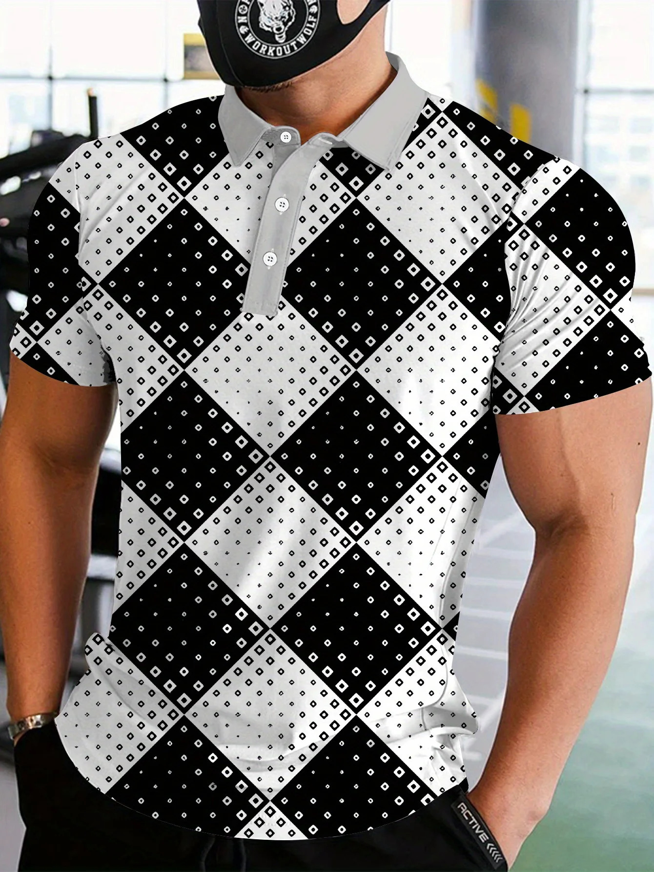 Mens Casual Short Sleeved Shirt Black and White Diamond Plaid Print Regular Style Buckle Collar All Season Versatile Top 260609BANJIA