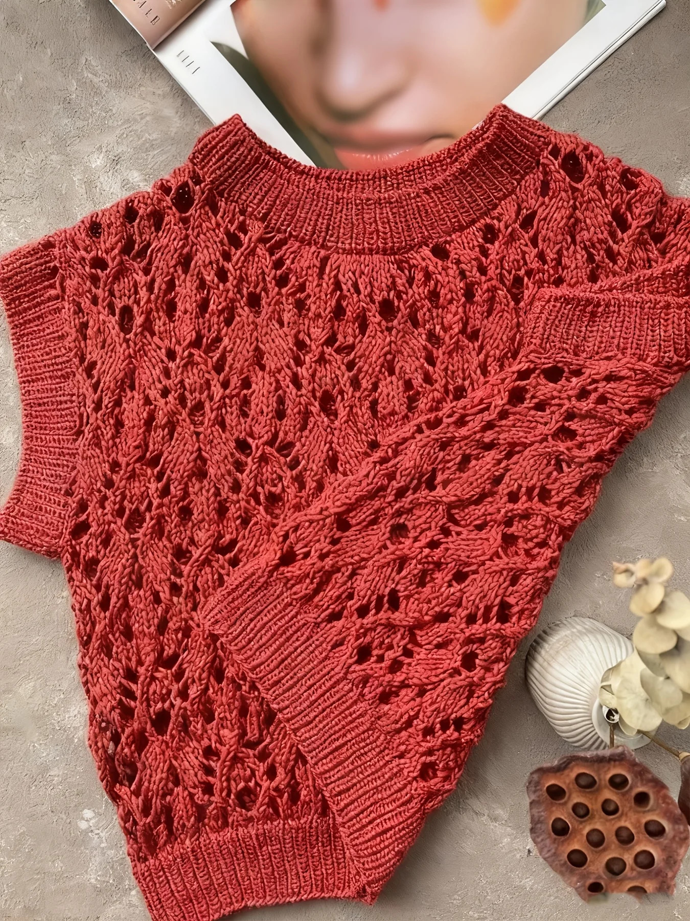 Vintage Red Crochet Knit Vest Women Casual Sleeveless Pullover Sweater Hollow Out Knitwear for Summer Beach 260612BANJIA