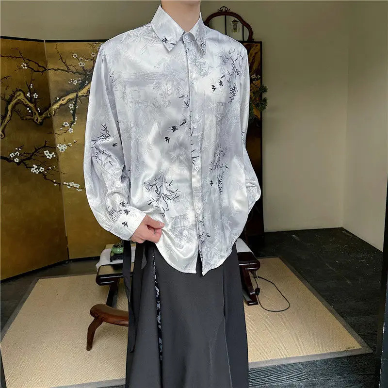 Mens Fashion Long Sleeve Shirt Chinese Style Print Loose Casual Fresh Solid Color Male Ice Silk Spring 2026 260612BANJIA