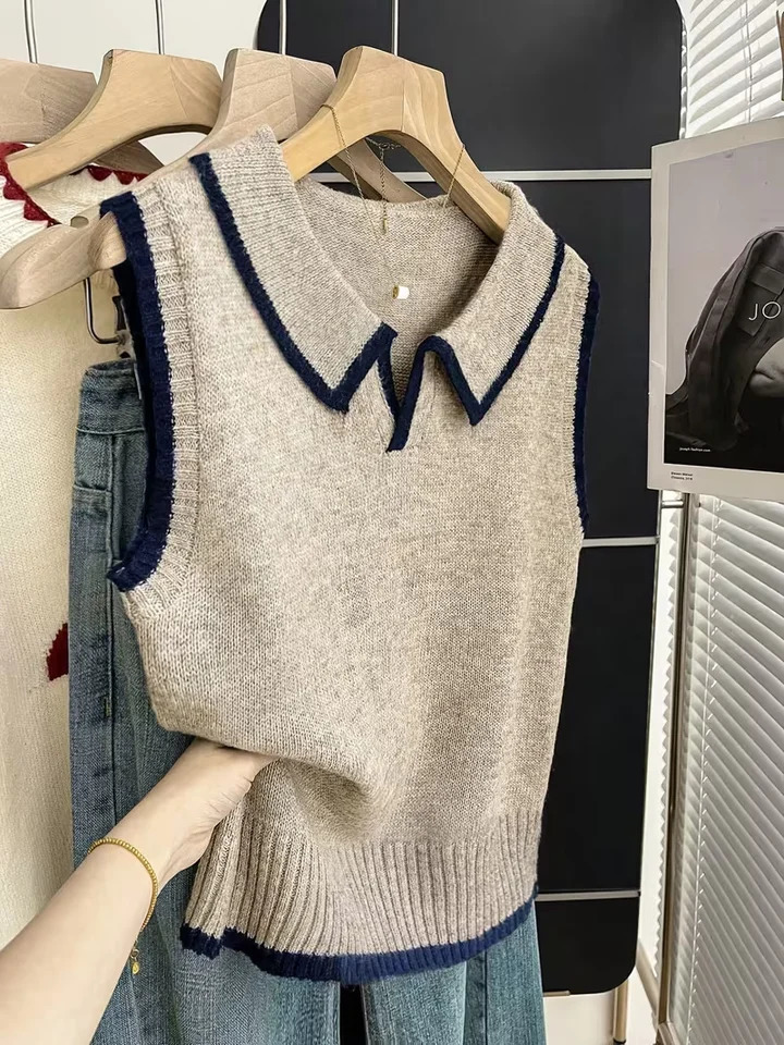 Womens knitted vest with a polo collar n contrast piping decoration soft versatile and easy to wear 260612BANJIA