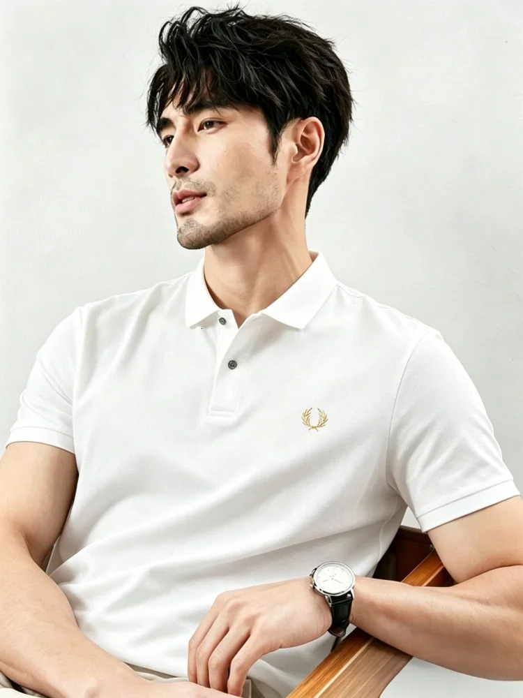 100 pure cotton boutique mens short sleeve polo shirt summer fashion wheat exquisite embroidery n golf top casual Tshirt 260609BANJIA