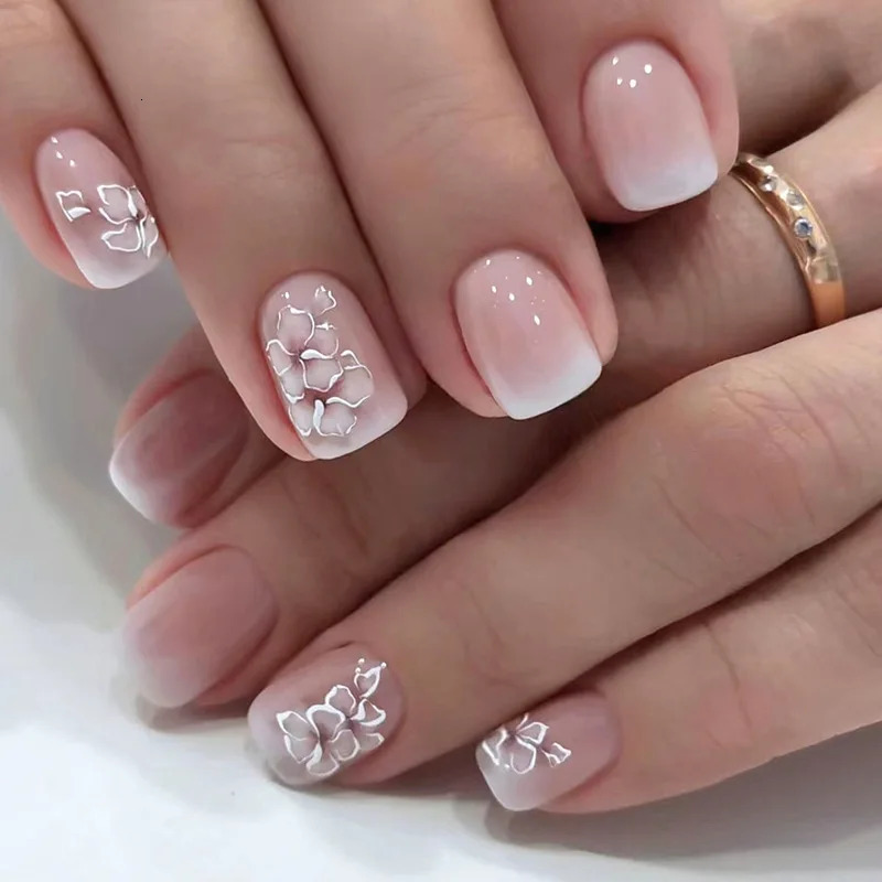 Short French Wearing 24Pcs/Set Fake Nails Art Pink Gentle Girl Glitter Pearlized Press on Nail Tips Cute Natural Sweet Ins Style 260612 M260805