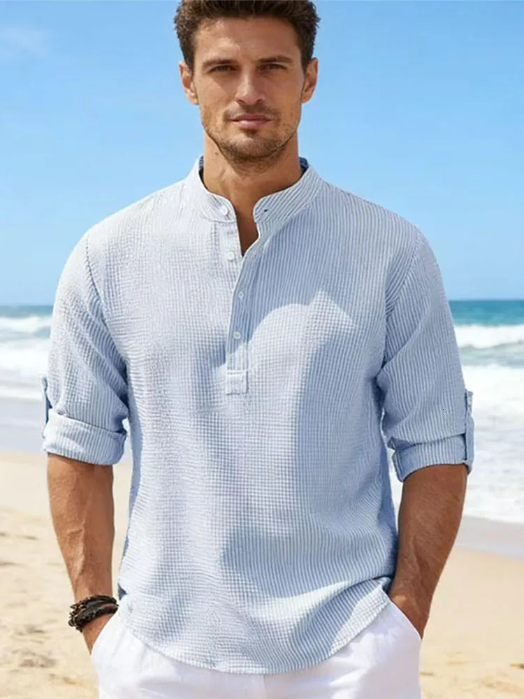 Spring Summer Mens Cotton Linen Polo Shirts Casual Long Sleeve Lightweight Henley Neck Solid Color Tops Beach Fashion 260612BANJIA