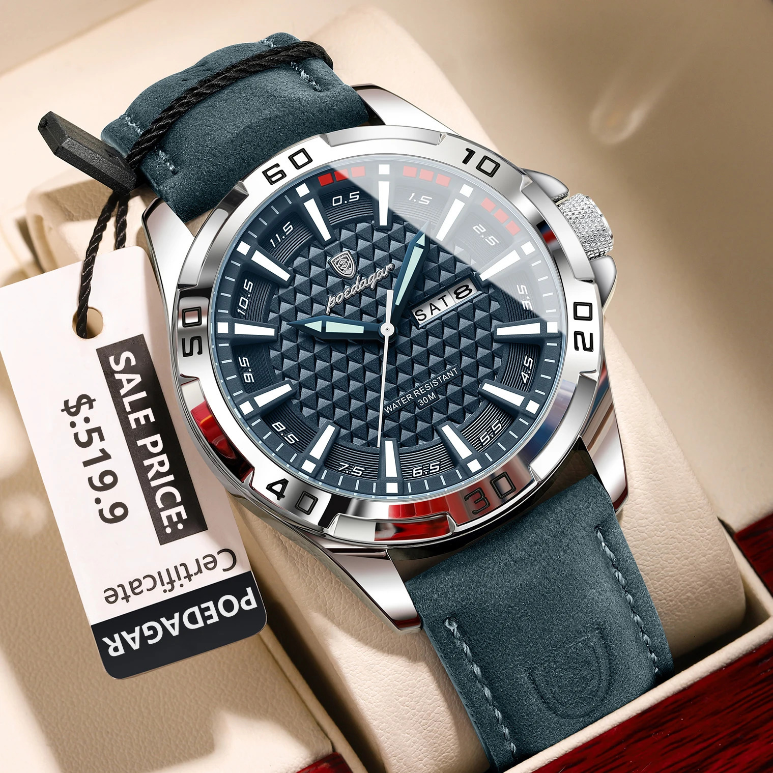 POEDAGAR Original Man Wristwatch Top Waterproof Luminous Date Week Watch For Men Quartz Sport Leather Mens Watches Reloj260611