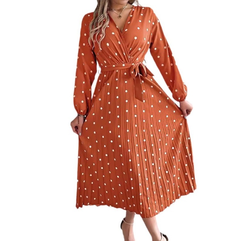 (1935) European and American Autumn and Winter Elegant Contrast Color Polka Dot Cross V-neck Pleated Long Skirt-image-1110524225