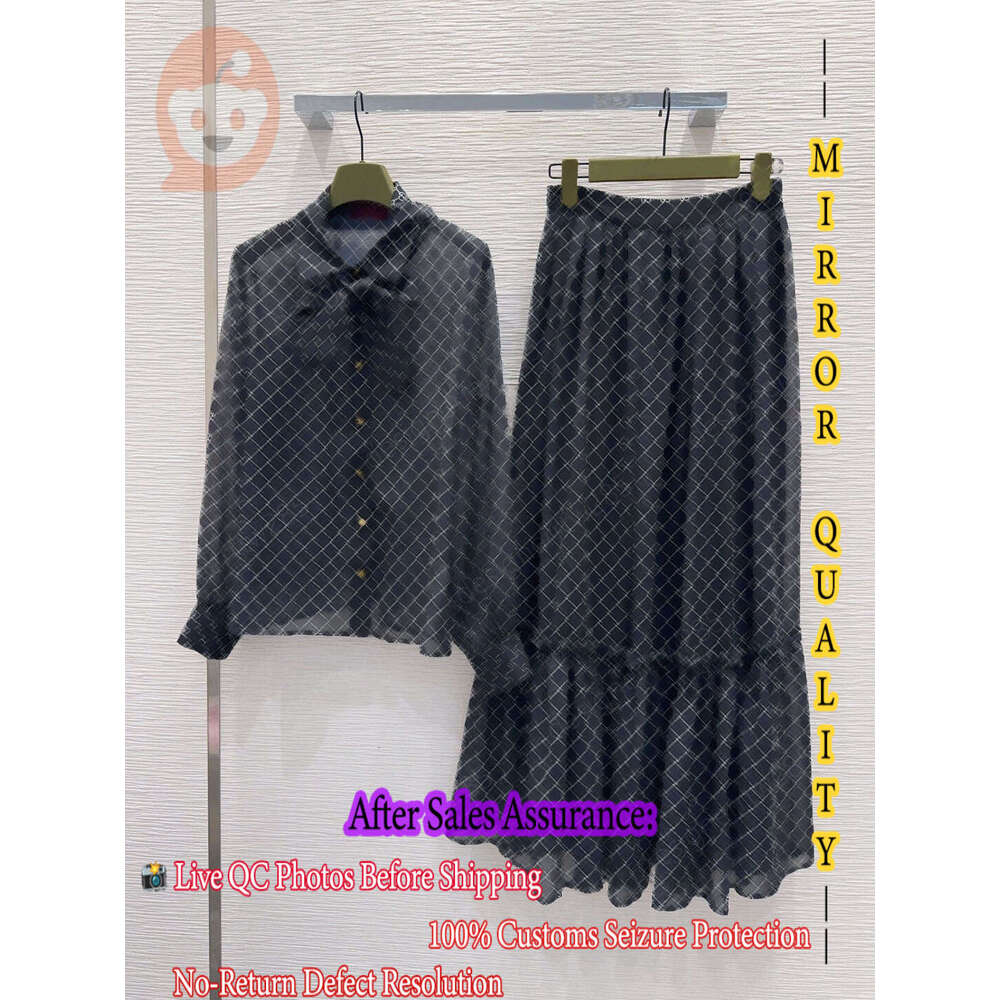 Guccccci Noir Blanc Monogramme Imprimer En Mousseline De Soie Deux Pièces Ensemble Vêtements De Marque Femmes Noeud Papillon Cou Chemisier À Manc