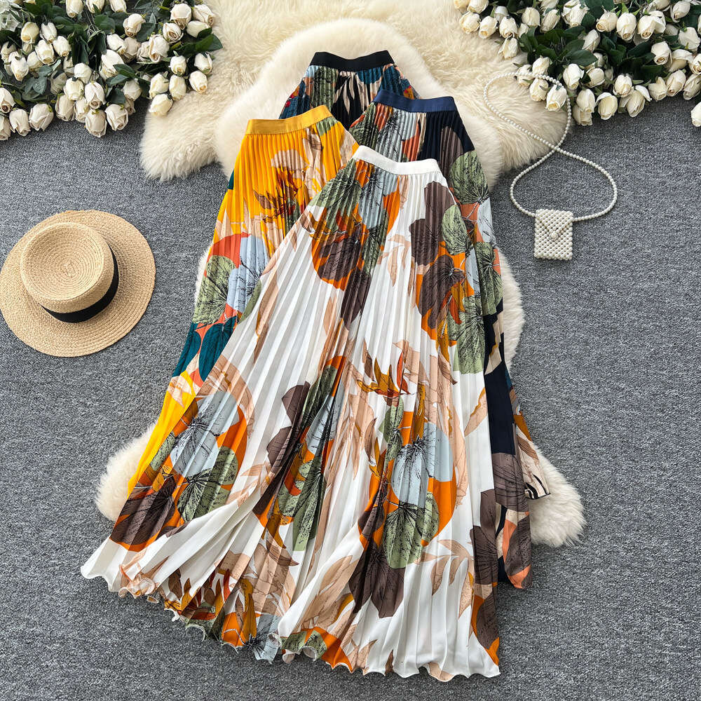 2026 New Summer Women Temperament Vintage All-match Skirt High Waist Printing Medium Length A-line Pleated Big Skirt Skirt