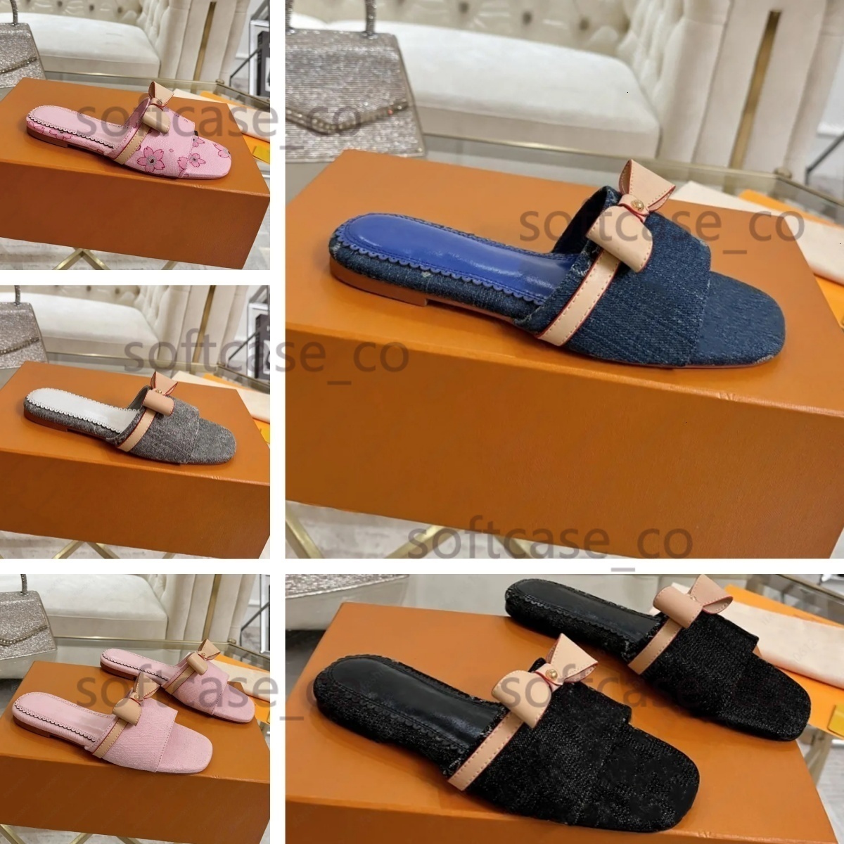 Cherry heels designer women sandals Bow Cowhide woman denim sandal top quality Inside the sheepskin slides mules beach sandale Flat shoes 35-42 11