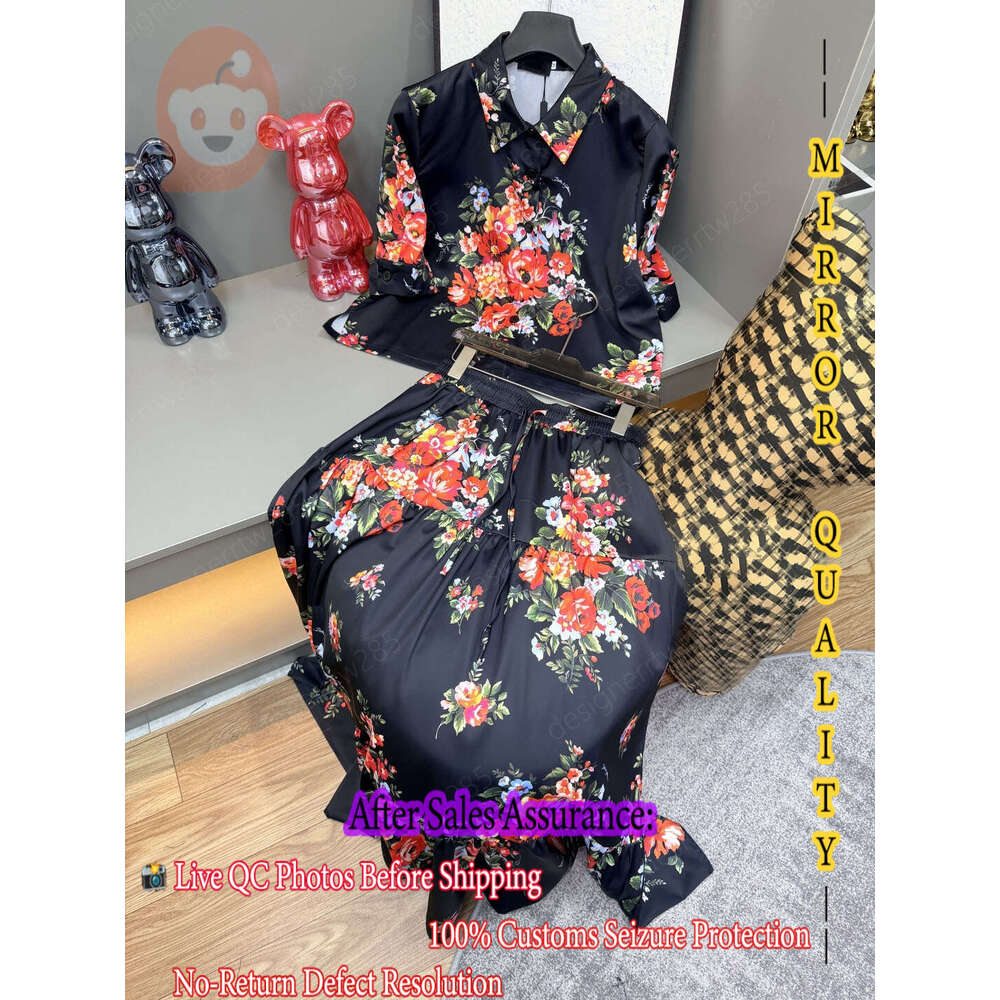Dooolce Gaaabbana Floral Print Two Piece Set designer clothes women White Satin Short Sleeve Shirt And Tiered Midi Skirt Casual Party Vacation We-image-1110691855