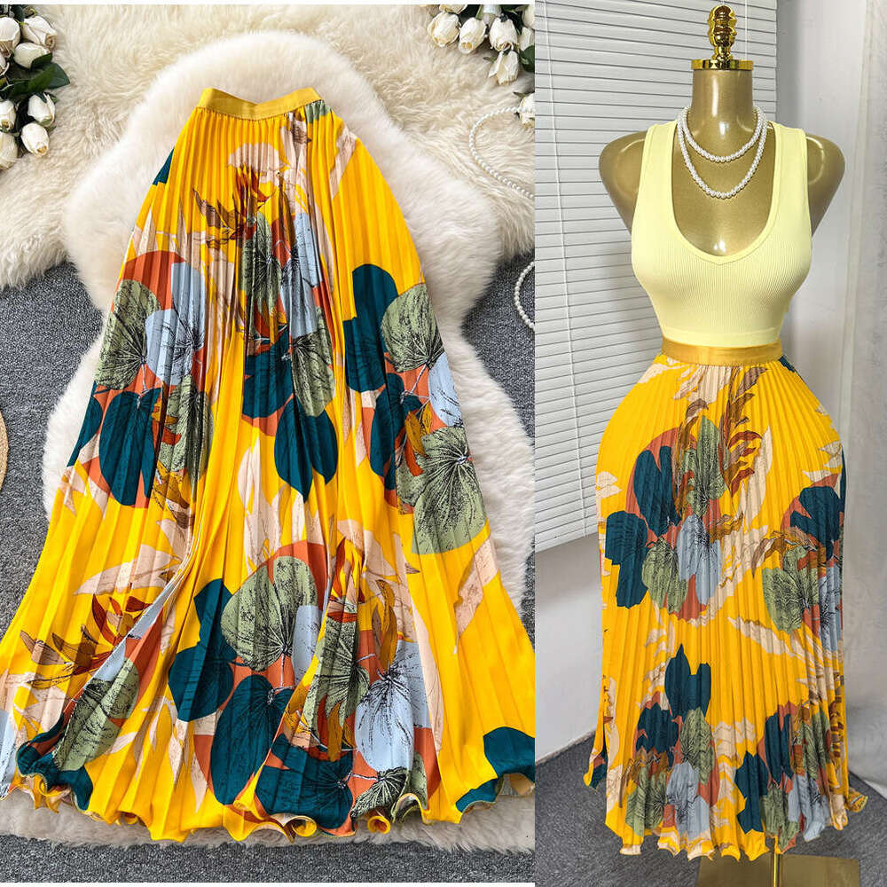 New Design2026 New Summer Women Temperament Vintage All-match Skirt High Waist Printing Medium Length A-line Pleated Big Skirt Skirt