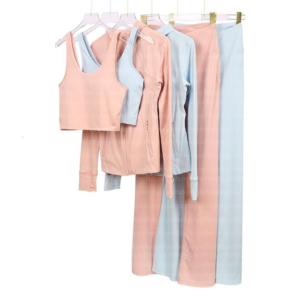 Women's Hooded jacket, U-back top, and flare pants yoga set Outfit Solid Color Nude Sports Shaping Waist Fitness Jogging Sportswear For Lady-image-1110674027