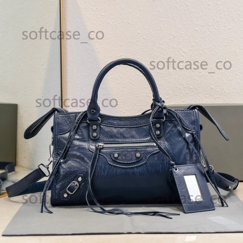 Classic Neo City Motorcycle Tote Luxury Sheepskin Genuine Leather Shoulder Handbag Crossbody Attached Mirror 31CM Blue 12A Quality Designer Bag