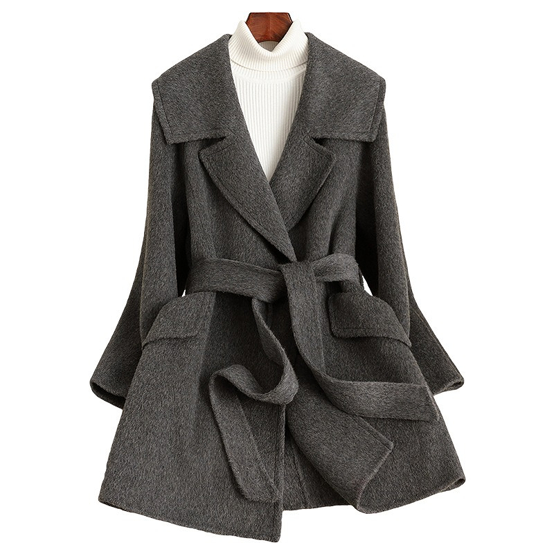 D4494 New autumn and winter lace-up lapel slim wool coat-image-1110585740