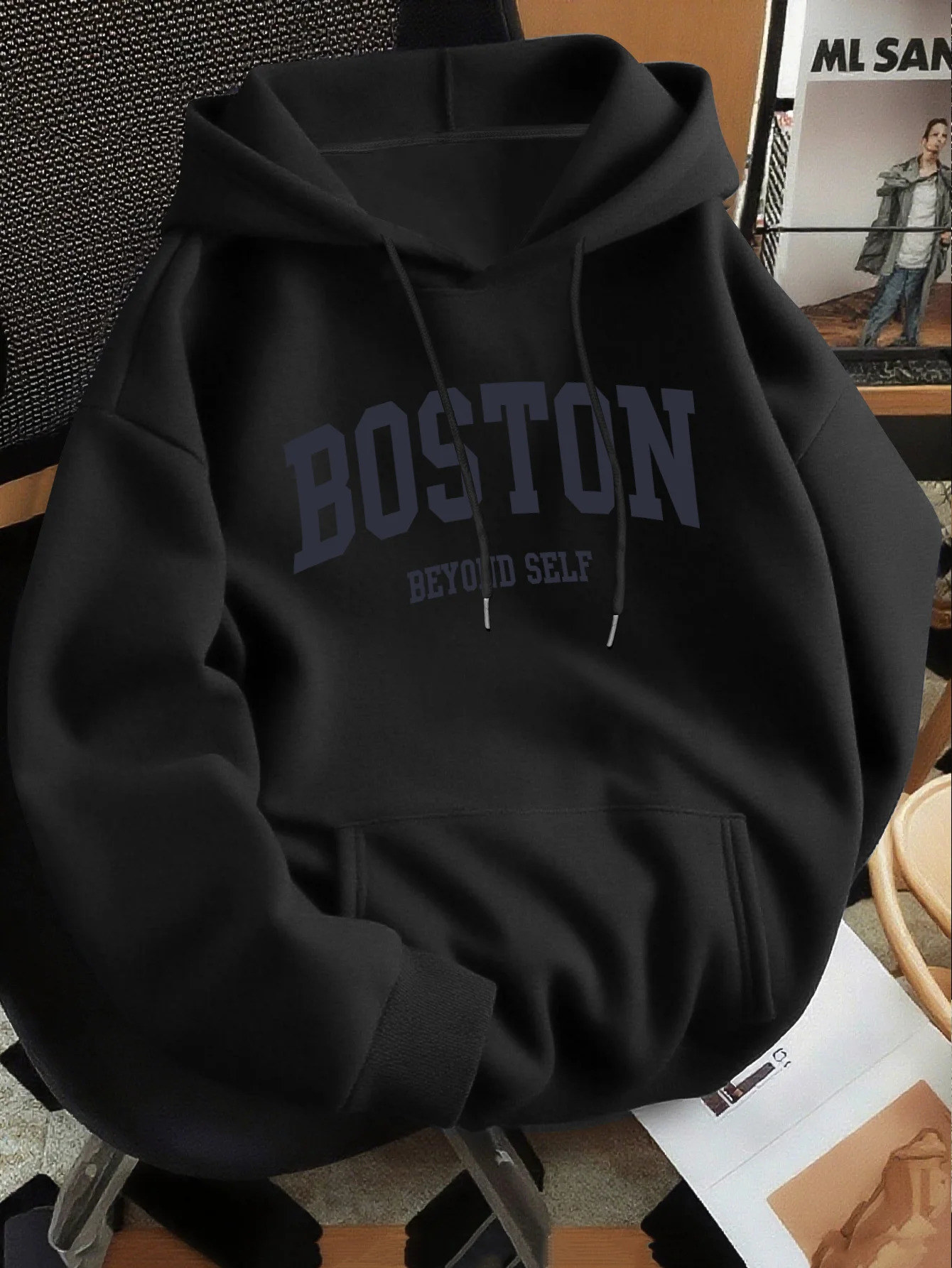 Mens Bostoninspired letter print premium retro hooded sweatshirt regular fit collar solid color graphic 260611 0b