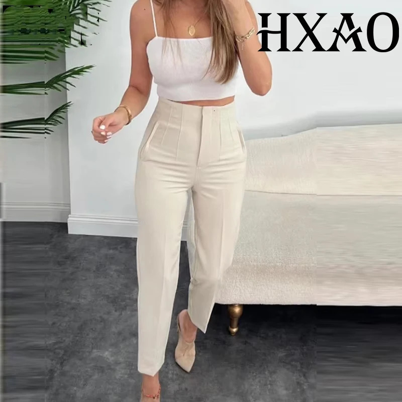 HXAO Womens Pants Office Wear Woman Trousers High Waist Formal Casual Pants Spring Summer Cropped Black Pink White Pants 088 260611BJ