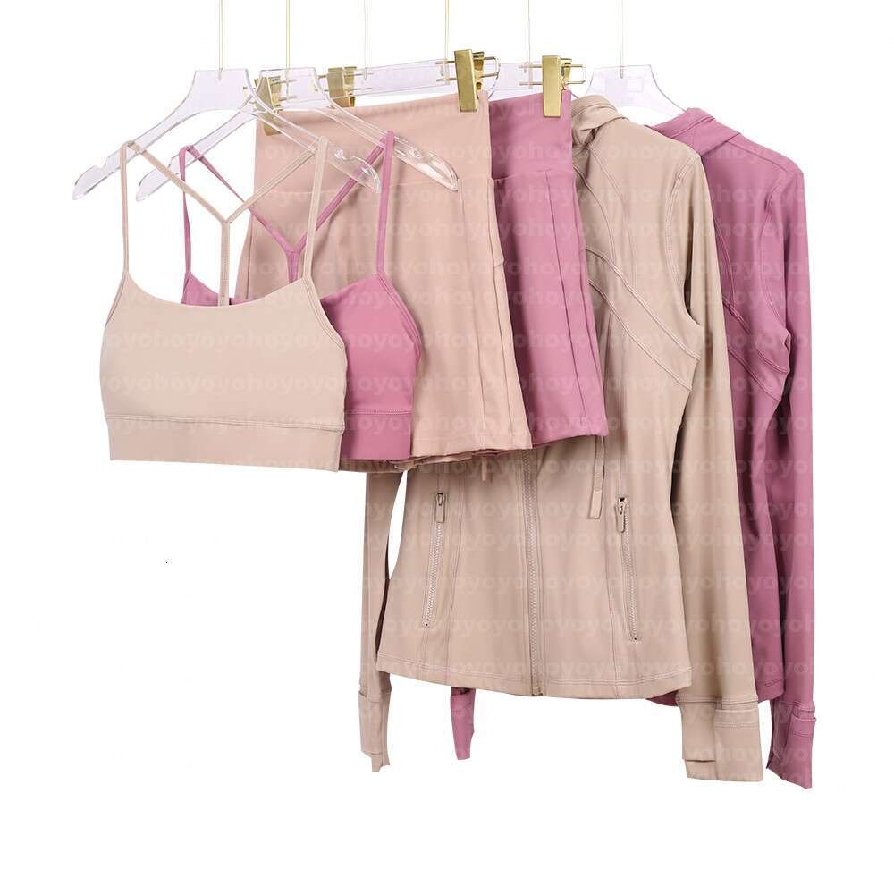 Women's Hooded jacket, Y-back top, and short skirt yoga set Outfit Solid Color Nude Sports Shaping Waist Fitness Jogging Sportswear For Lady-image-1110675925