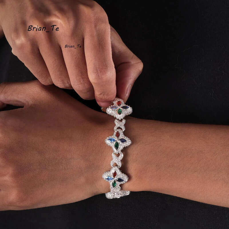 New Arrivals Pink White Colorful Clover Bracelet Necklace 925 silver Iced Out Flower 5A Moissanite Diamond Cuban Chain for Rapper-image-1110580209