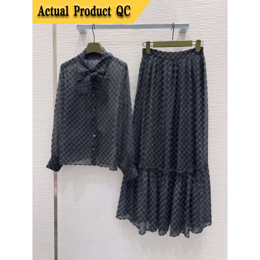 designer clothes Old Money Style GG Pattern Print Chiffon Two Piece Set Elegant Bow Blouse and Flowy Ruffle Skirt Vintage Luxury Inspired Workwea-image-1110692071