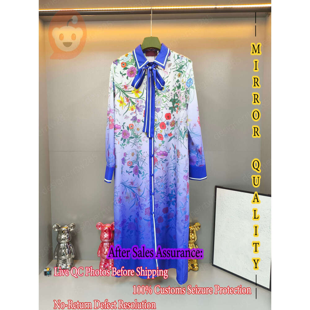Guccccci Floral Print Gradient Shirt Dress with Bow Tie Collar designer clothes women Long Sleeve Button Down Maxi Dress Luxury Elegant Casual Ro-image-1110688519