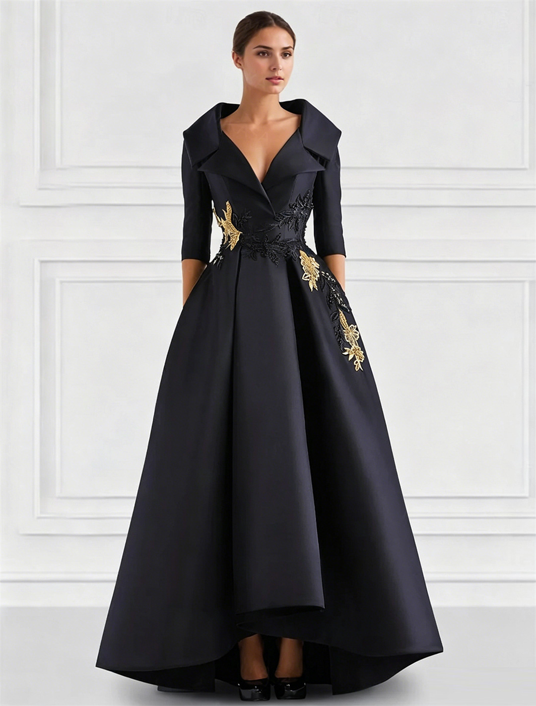 Col à revers en satin noir, manches 3/4, broderie dorée, ligne A, ourlet haut et bas, robe longue de soirée, cocktail, formel, élégant, luxueux,