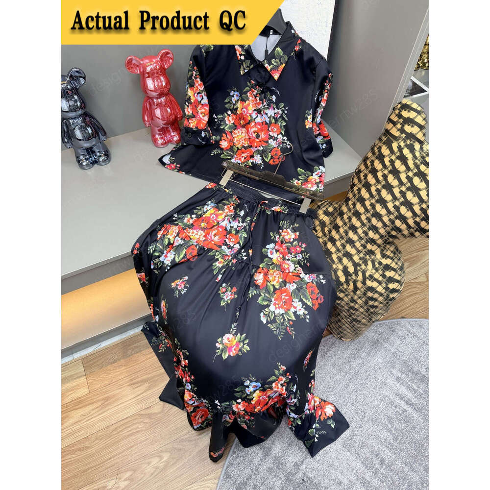 designer clothes Romantic Floral Print Two Piece Set White Satin Shirt And Tiered Midi Skirt Set Elegant Vacation Designer Outfit For Women Casua-image-1110692729
