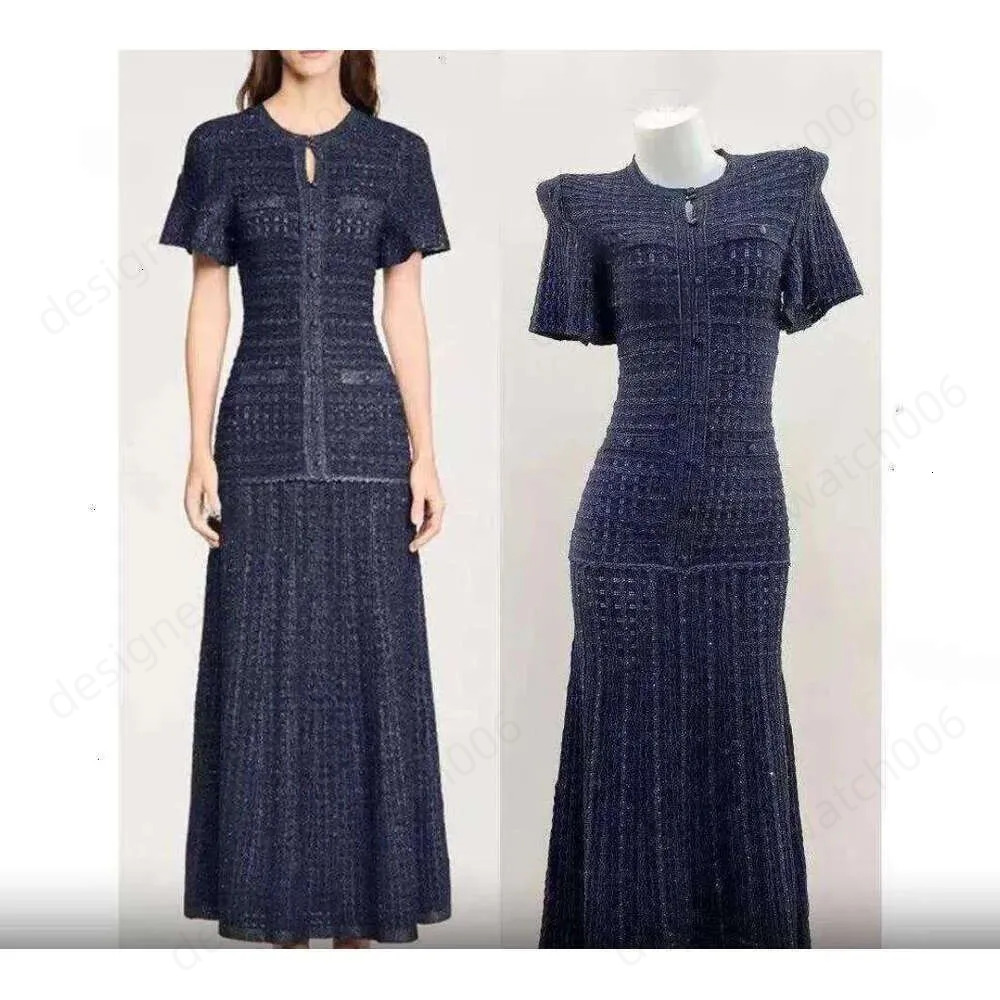 Sandro Dress Designer Woman Clothe Fashion Women White Knit Maxi Dress With Light Blue Tweed Trim Short Sleeve Buttoned Neckline Ribbed Flared Hem C