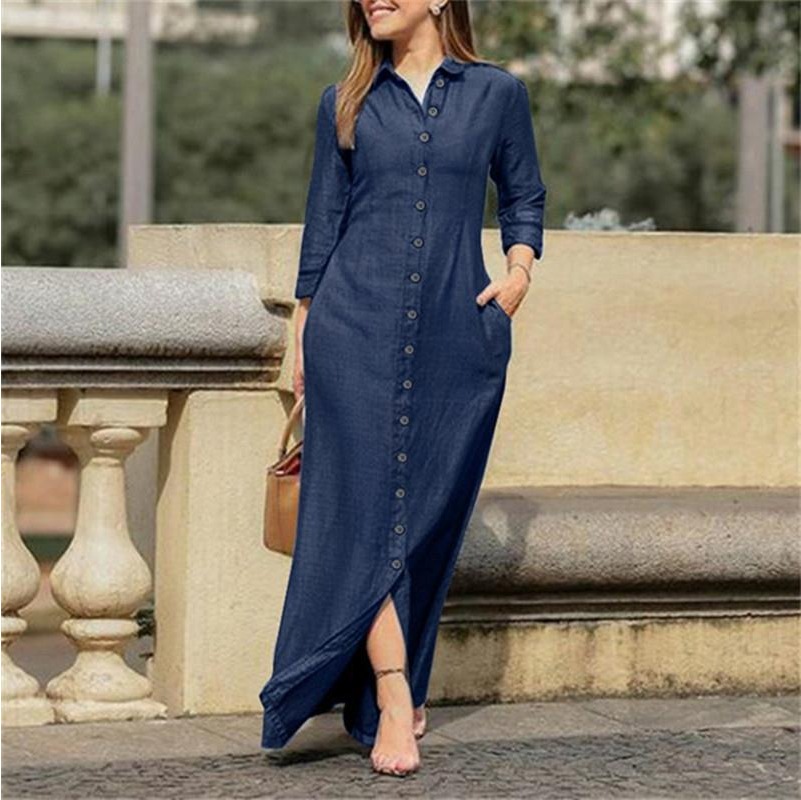 (1941) European and American Elegant and Fashionable Long-sleeved Lapel Cardigan Solid Color Long Denim Dress-image-1110621073