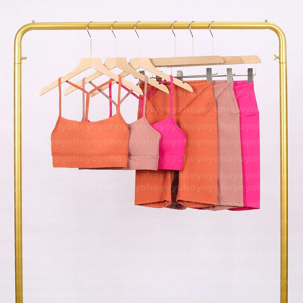 Women's 5-inch shorts and Y-back top 2-piece yoga set Outfit Solid Color Nude Sports Shaping Waist Fitness Jogging Sportswear For Lady Gym L-image-1110698505