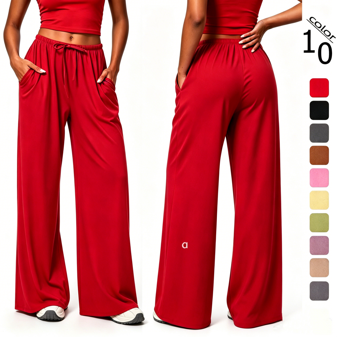 A2346 Pantalon élastique à jambes larges pour femme avec cordons de serrage Pantalon long décontracté en tissu brossé pour le sport et le fitness