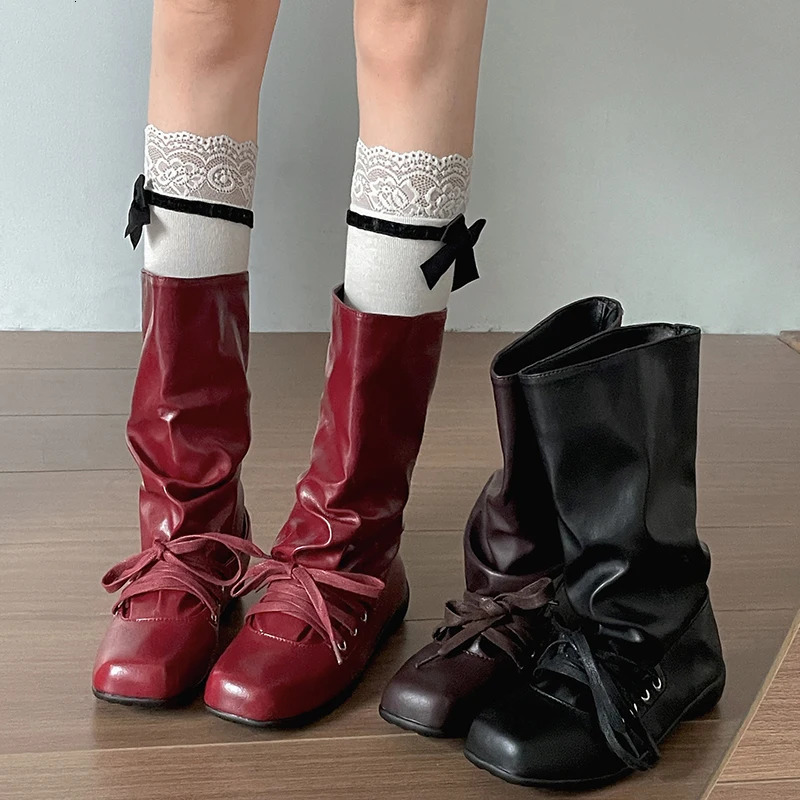 Vintage Flats Women Western Cowboy Boots Fashion Ladies Square Toe Pleated Knight Mid Calf Booties 260613BJ