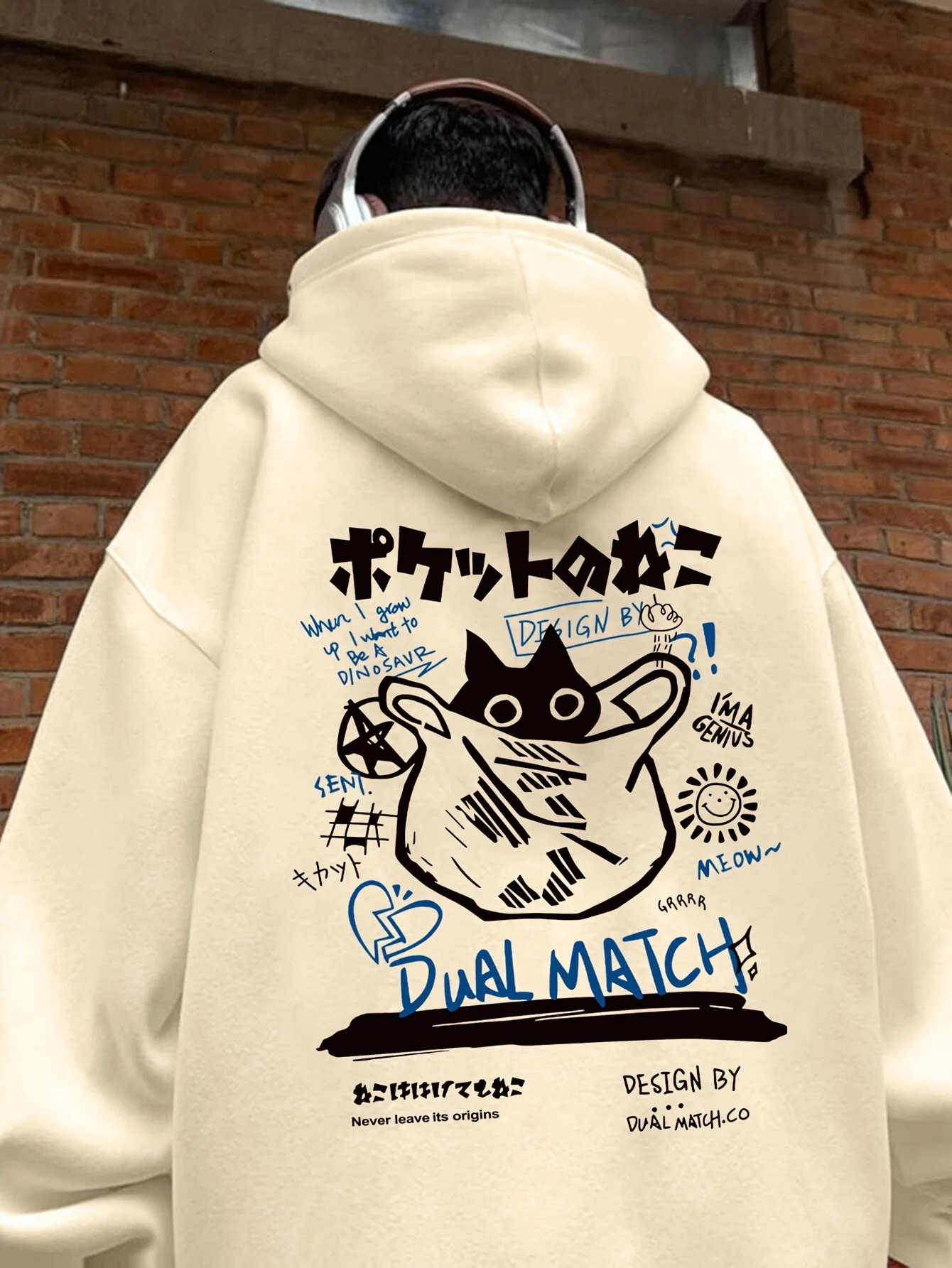 Mens autumn and winter casual fashion loose cat and English letter printed long sleeved hooded warm sports pullover 260615