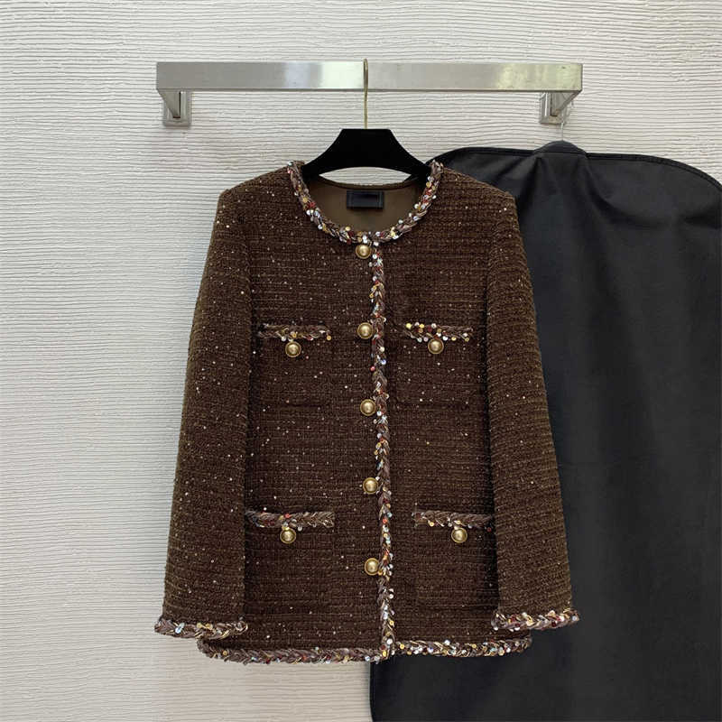 mid-length designer coat women jacket Sweet-style long-sleeve fashion womens clothes Wool-blend sequined fabric Tweed Jackets