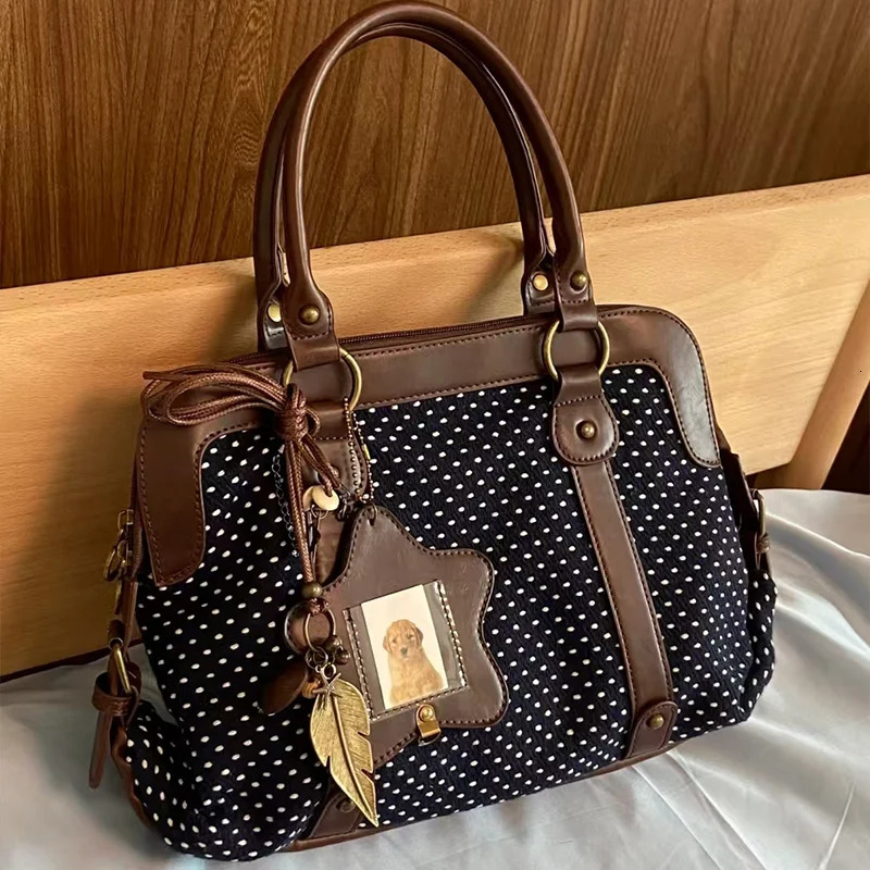 Korean Retro Polka Dot Handbag Leather Patchwork Large Multi-functional Briefcase Sweet Preppy Style Handbag Casual Commute Bag 260615BJ