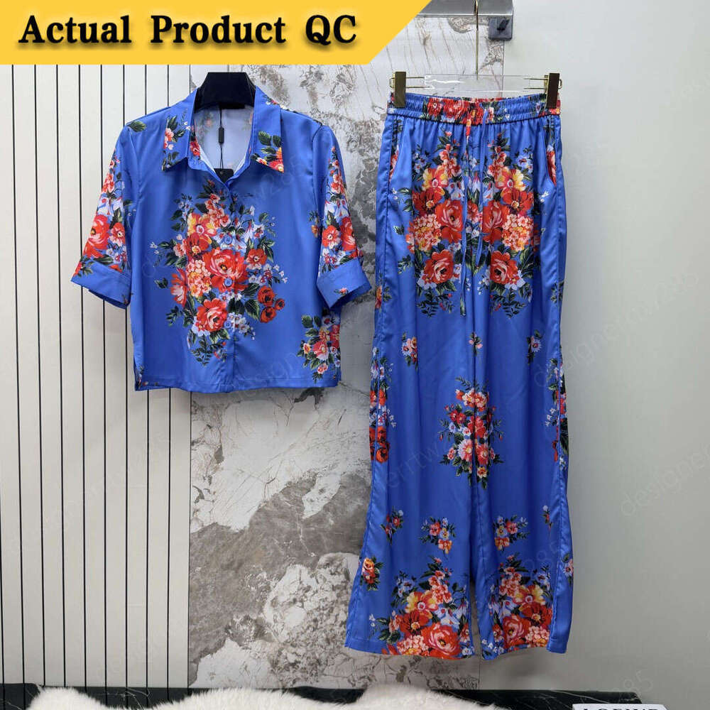 designer clothes Old Money Style Floral Print Silk Like Satin Two Piece Set Elegant Blue Flower Print Short Sleeve Top and Elastic Waist Wide Leg-image-1110692372