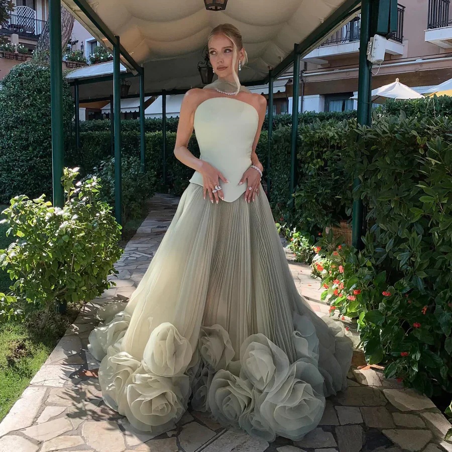 Vert Menthe Licou Cou Plissé Tulle 3D Rose Fleur Une Ligne Court Train Maxi Soirée Robe De Bal Fête Cocktail Formel Élégant Sexy Doux Ajusté Roma