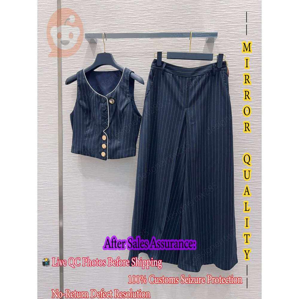 LouiiisVuitton Luxury Womens Designer Tracksuits Dark Blue Geometric Lining Waistcoat Suit Asymmetrical Lapel Metal Button Culottes Skirt Pants C-image-1111202455