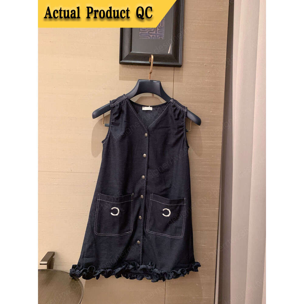 designer clothes Quiet Luxury Style Denim V Neck Sleeveless Dress With Logo Patch Pockets Ruffle Hem A Line Dress For Women Elegant Old Money Sty-image-1110693977