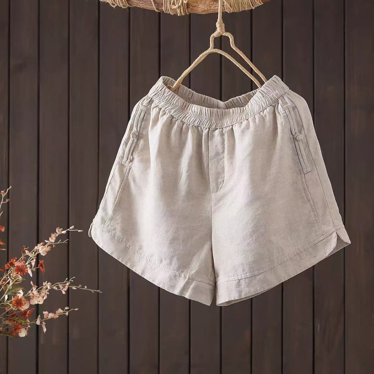 072 Retro Artistic Buttoned Linen Shorts for Women in Summer - Pure Color Cotton and Hemp-image-1110628732