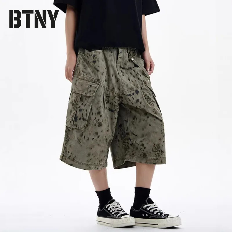 BTNY Mens cargo shorts Summer Workwear Vintage Loose American Style Breathable Casual Cropped Pants Tiedyed printing P311 260609