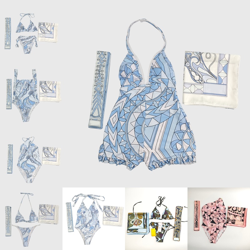Brand Prints Triangle Bra Briefs Scarf Headband Women Luxury v Neck Halter Back Open Jumpsuit Summer Vacation Beach Yacht Surfing Diving Bikini S-image-709540695
